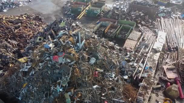 Huge Piles Waste Scrap Metal Recycling Scrap Yard Aerial Flying — Stock Video