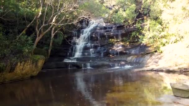 Aerial Drone Pan Scenic View Nature Somersby Falls Tourist Waterfall — Stock video