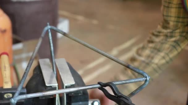 Metal Worker Artisan Hands Securing Steel Frame Vise Jaw Tool — Stok video