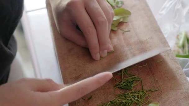 Bıçak Kesen Bergamot Yaprakları Kullanarak Asya Mutfağı Pişirmeye Hazırlanın — Stok video