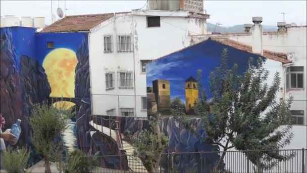 Lora March 2022 Man Walking Large Mural Andalusian Village — Vídeo de Stock