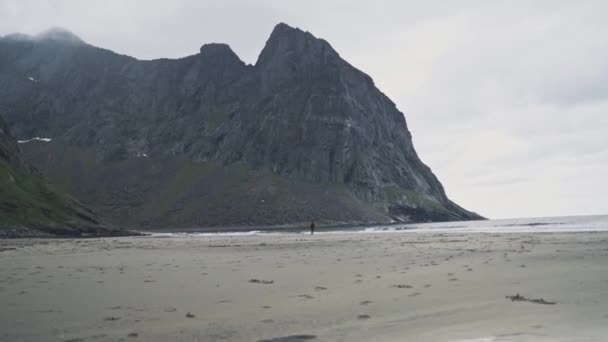 Lonely Person Walking Sandy Beach Massive Mountain Norway Coastline — Vídeos de Stock