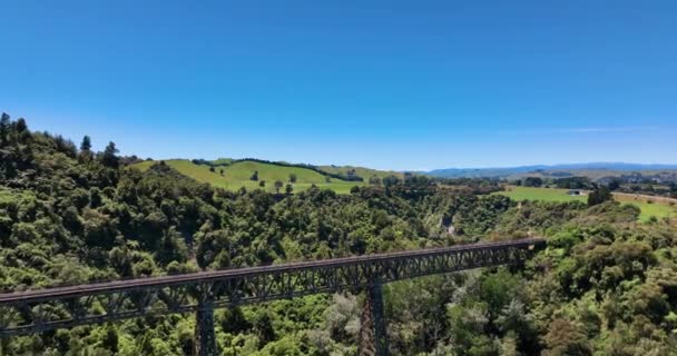 Aerial Makohine Rail Viaduct New Zealand Main Trunk Railway Line — стоковое видео