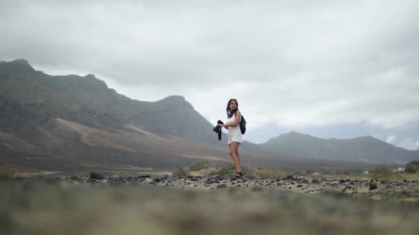 Slow Motion Young Female Freelancer Photographer Taking Photo Remote Landscape — стоковое видео