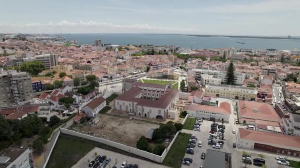 Monastery Jesus Setubal Sea Background Portugal Aerial Circling — стоковое видео