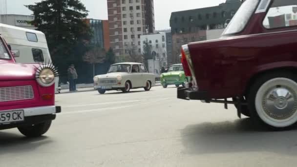 Convoy Eastern European Trabant Retro Classic Cars Drive City Streets — стоковое видео