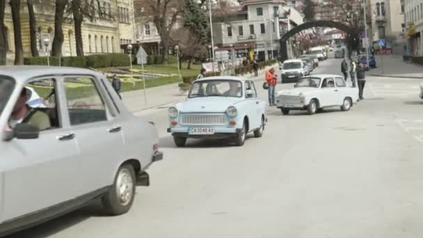 Convoy Eastern European Trabant Retro Classic Cars Drive City Streets — Wideo stockowe