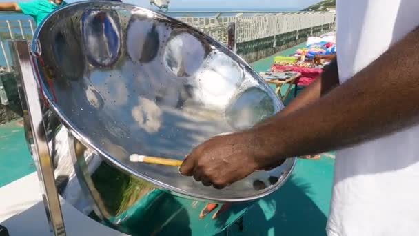 Slow Motion Dolly Out Shot Man Perfoming Steelpan Saint Thomas — Stockvideo