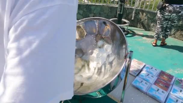 Slow Motion Close Shot Man Playing Steelpan Drum Saint Thomas — Stock Video