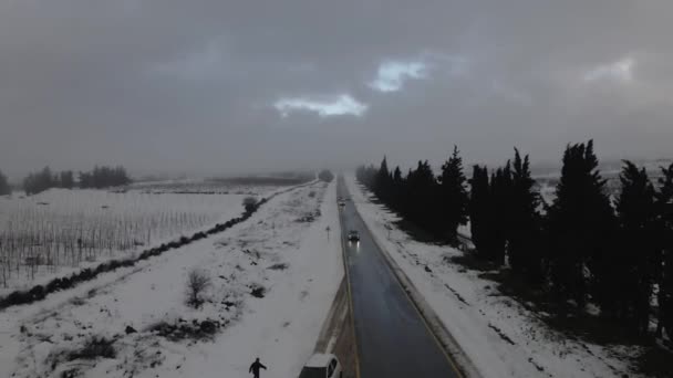 Aerial View Country Road Snow Landscape Israel Golan Heights — Stock video