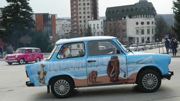 Convoy Eastern European Trabant Retro Classic Cars Drive City Streets — стоковое видео