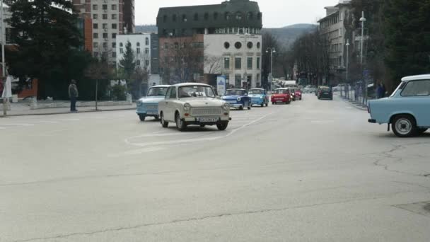 Convoy Eastern European Trabant Retro Classic Cars Drive City Streets — стоковое видео