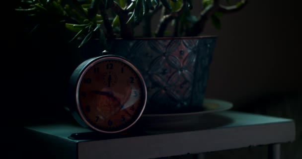 Timelapse Της Vintage Ρολόι Στο Υπνοδωμάτιο Κινούμενες Σκιές Και Φυτά — Αρχείο Βίντεο