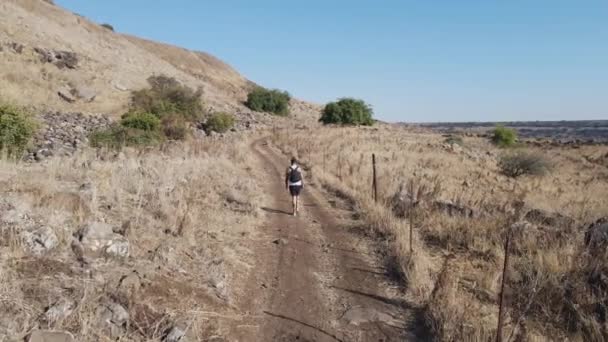 Ein Wanderer Der Allein Auf Einem Feldweg Einer Trockenen Hügeligen — Stockvideo