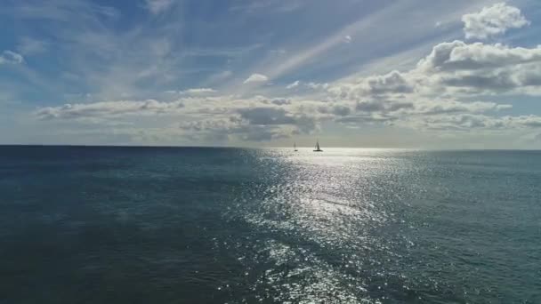 Aerial Dolly Sailing Boats Silhouette Pacific Ocean Sunlight Reflection Water — Stock Video