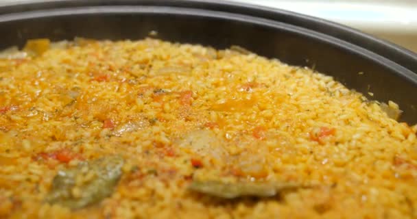 Delicious Paella Being Cooked Kitchen Close Slider Shot — Stock Video