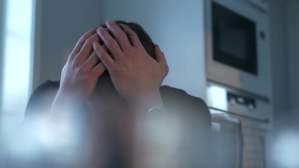 Man Struggles Migraine Pain Micro Wave Radiation Dolly Shot — Stok video