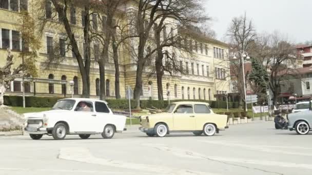 Convoy Eastern European Trabant Retro Classic Cars Drive City Streets — стоковое видео