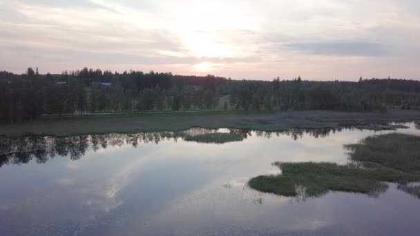 Descending Aerial View Sunset Lake Vaasa Finland — Stockvideo