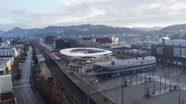 Sandnes City Center Aerial Flying Forward Railway Bus Terminal While — Stockvideo