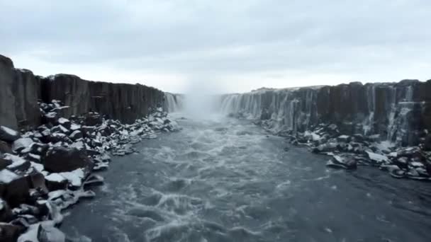 Vue Depuis Drone Volant Cascade Selfoss Impressionnante Journée Hiver Sur — Video