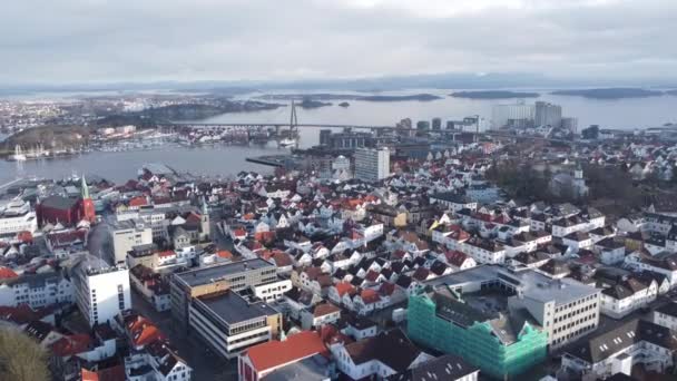 Flying Stavanger Urban City Centre City Bridge Vassoy Ferry Passing — Stockvideo