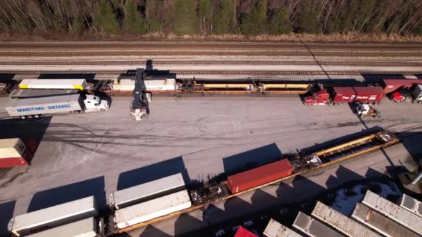 カナダのバンクーバーのコンテナ貨物ゾーンでトラックや積載機を上空から見た空中ドローン — ストック動画