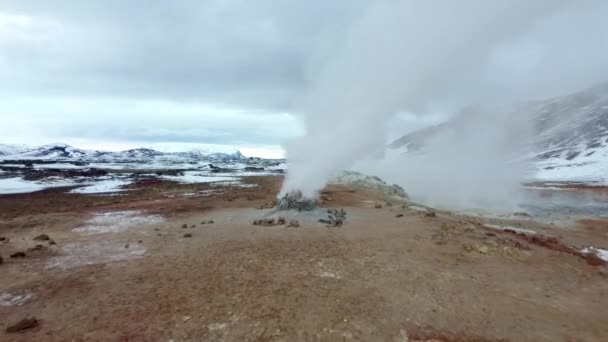 Aerial View Boiling Mud Pits Fumaroles Hverir Iceland — стоковое видео