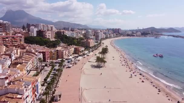 Villajoyosa Alicante Spain Aerial Drone View Coastline Boulevard Sandy Beach — стоковое видео