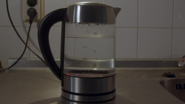 Wide Shot Hand Turning Electric Kettle Water Starts Boil — Stockvideo