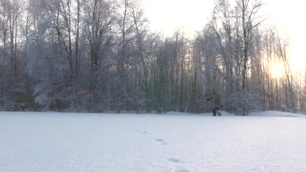 男は森の深い雪の中を歩く サイドビュー — ストック動画