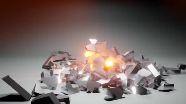 Collapsing Metallic Cube Revealing Glowing Hot Orange Light Rendering Abstract — Vídeos de Stock