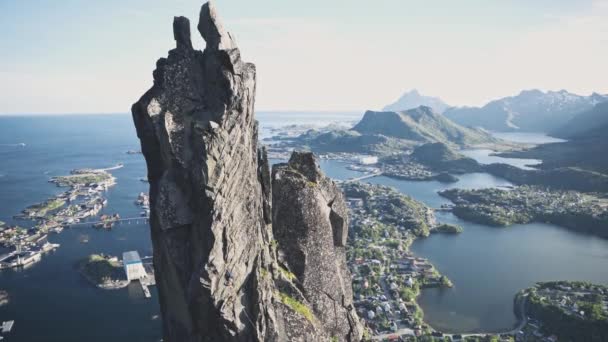 Person Climbing Steep Coastal Cliff Norway Lofoten Trad Climber — Vídeo de Stock