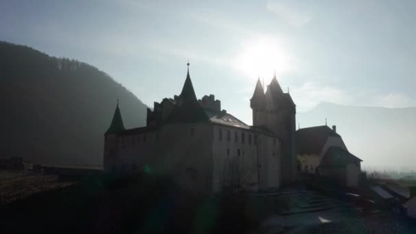 Jib Aigle Castle Swiss Flag Flies Top Tower — Stock video