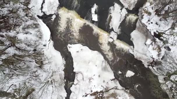 Воздушные Беспилотники Смотрят Текущий Поток Зимой Снегом Покрывающим Землю Вокруг — стоковое видео