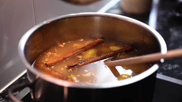 Traditional Ginger Cinnamon Drink Adding Sugar Slowly Delicious Drink Close — Video Stock