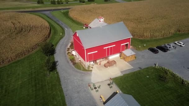 Aerial Drone View Red Barn Wedding Venue Garden Party Concept — Wideo stockowe