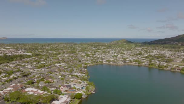 Aerial Kailua Neighborhood Island Oahu Hawaii Beautiful Day Elepulu Pond — Stock video