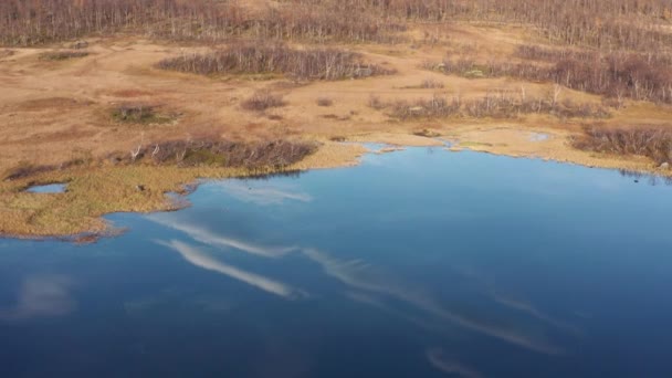 Aerial View Norwegian Marshland Clouds Reflected Mirrorlike Surface Slow Motion — Video Stock