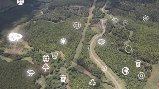 森のカバーの未来的な空中ドローンビュー 未来的な気候変動の概念 — ストック動画