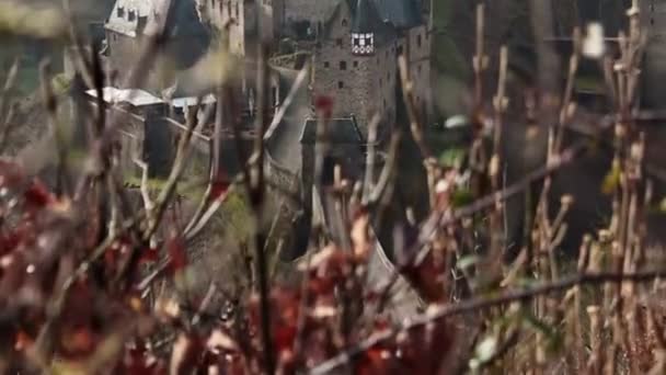 Prachtig Eltz Kasteel Zuidwest Duitsland Een Mistige Winterochtend Met Zon — Stockvideo