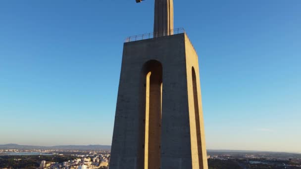 Drone Shot Slow Reveal Statue Christ King Portugal Sunset — Vídeo de Stock