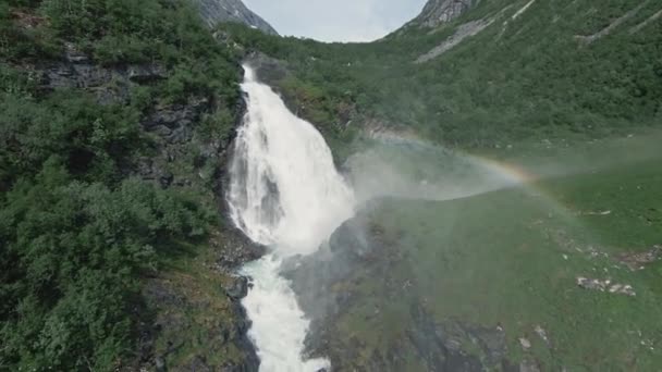 Powerful Waterfall Making Rainbow Norway Mountain Aerial Fpv Drone View — Stock video