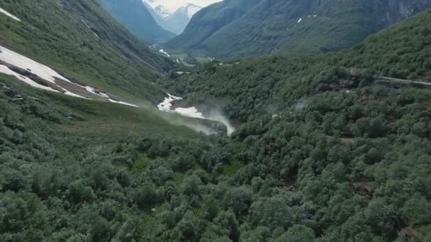 Powerful Waterfall Making Water Particles Fly Norway Mountains Stryn Area — Vídeos de Stock