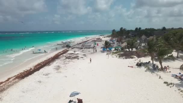 Aerial Drone Shot Mexico Flag Tulum Beach People Water — 비디오