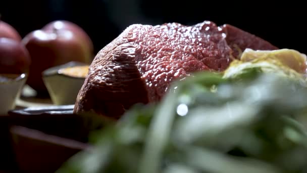 Fresh Raw Beef Meat Fruit Vegetable Cooking Ingredients Close — стоковое видео