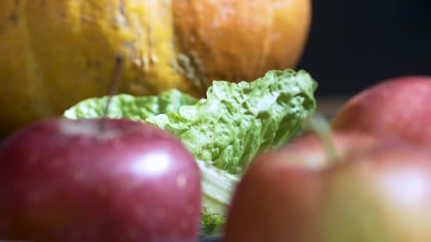 Fresh Lettuce Pumpkin Apples Raw Cooking Ingredients Close — Stock videók