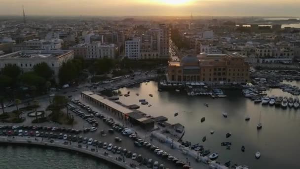 Aerial Drone Beautiful Hyperlapse Sunset Bari Italy Dock Boats — Stock Video