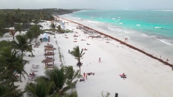 Aerial Drone Revealing Beach Tulum Mexico Tourists Beach Boats Ocean — Vídeos de Stock