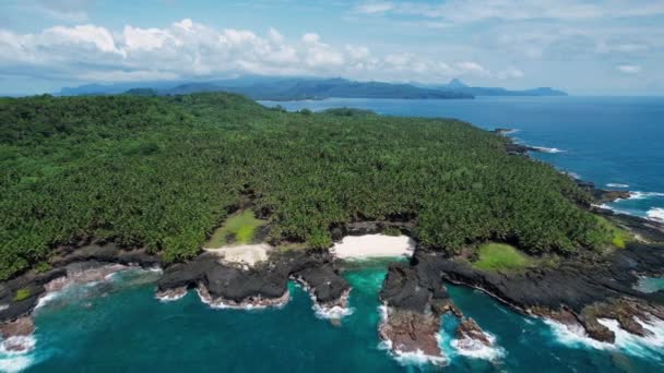 Aerial View Escada Beach Rolas Island Sao Tome Approaching Drone — Stockvideo